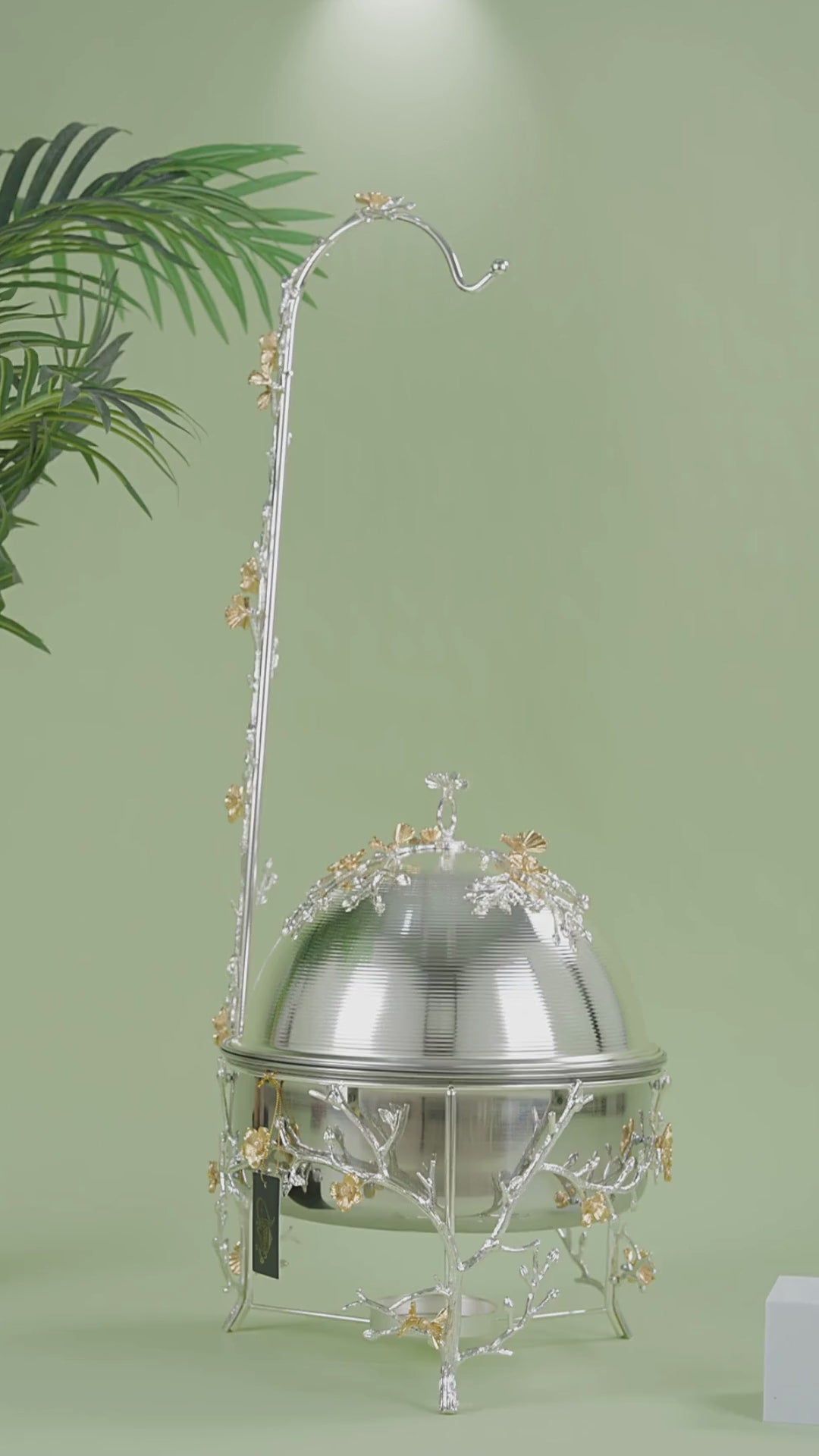luxury chafing dish, designer buffet server, magnolia gold food warmer, floral catering equipment, silver and gold chafing dish, high-end wedding buffet