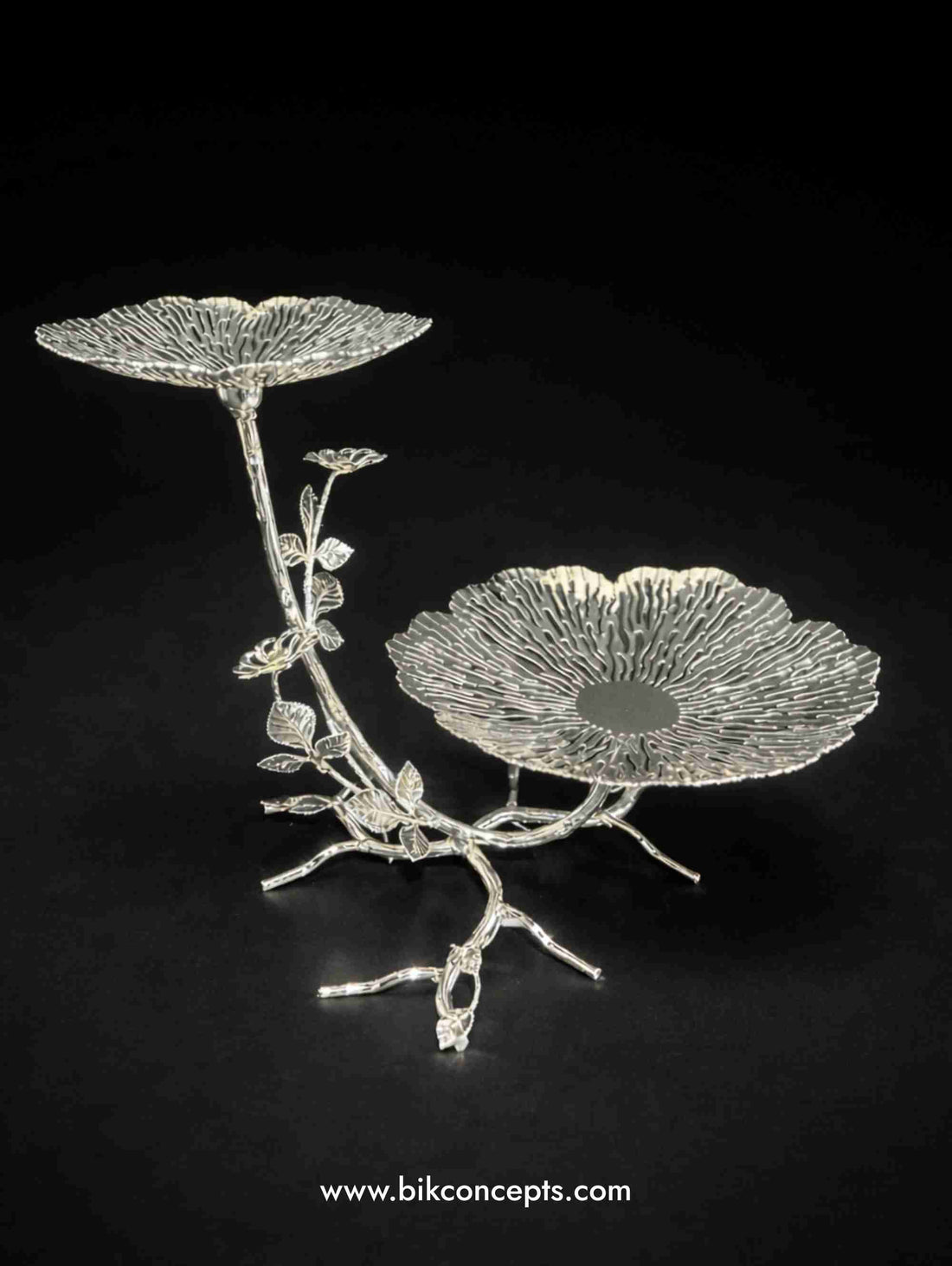 2-Tier Floral Stainless Steel Serving Platter – Silver Blossom Stand