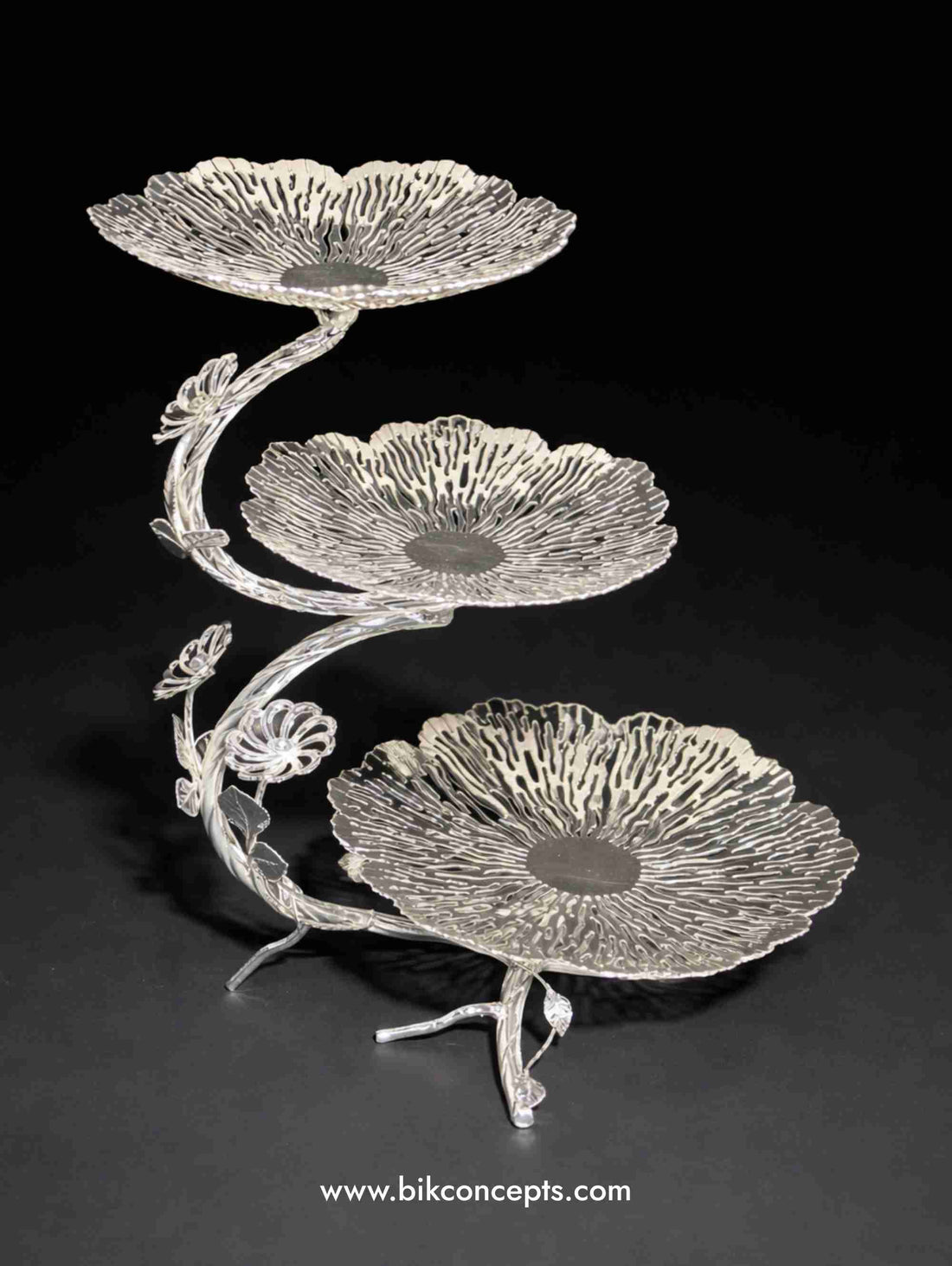 3-tier serving stand, floral cupcake holder, stainless steel dessert platter, tiered appetizer tray, luxury party server, silver blossom cake stand, decorative buffet server