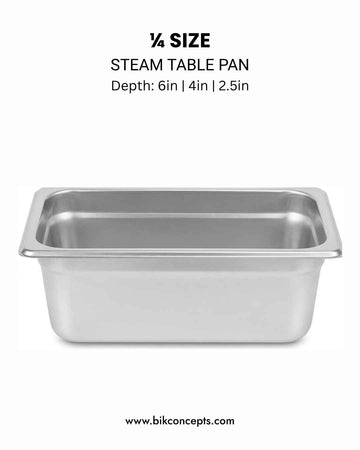 Heavy-duty stainless steel steam table pans and hotel pans in full size, half size, 1/4 size, and 1/9 size with anti-jam corners and NSF certification, featuring 22 gauge durability and 4 inch deep or 6 inch deep options for commercial kitchen and catering use, including gastronorm compatible GN pans, buffet pans, and matching stainless steel lids with handles for professional food service and hotel procurement.