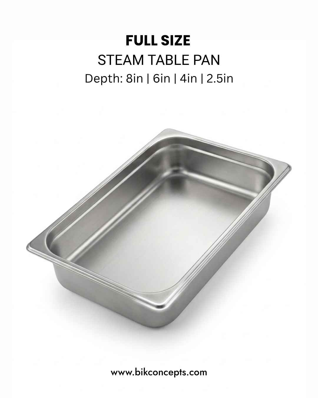 Heavy-duty stainless steel steam table pans and hotel pans in full size, half size, 1/4 size, and 1/9 size with anti-jam corners and NSF certification, featuring 22 gauge durability and 4 inch deep or 6 inch deep options for commercial kitchen and catering use, including gastronorm compatible GN pans, buffet pans, and matching stainless steel lids with handles for professional food service and hotel procurement.
