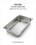 Heavy-duty stainless steel steam table pans and hotel pans in full size, half size, 1/4 size, and 1/9 size with anti-jam corners and NSF certification, featuring 22 gauge durability and 4 inch deep or 6 inch deep options for commercial kitchen and catering use, including gastronorm compatible GN pans, buffet pans, and matching stainless steel lids with handles for professional food service and hotel procurement.