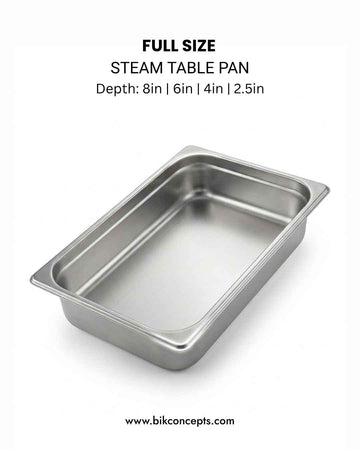 Heavy-duty stainless steel steam table pans and hotel pans in full size, half size, 1/4 size, and 1/9 size with anti-jam corners and NSF certification, featuring 22 gauge durability and 4 inch deep or 6 inch deep options for commercial kitchen and catering use, including gastronorm compatible GN pans, buffet pans, and matching stainless steel lids with handles for professional food service and hotel procurement.