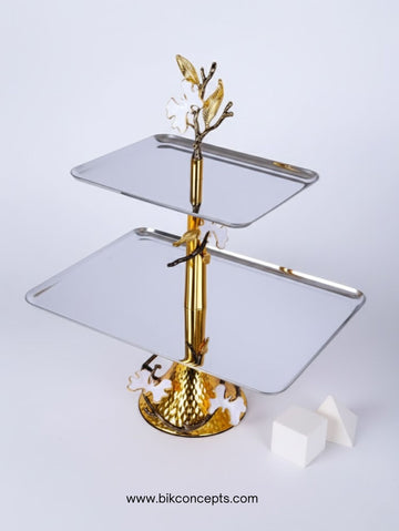2-Tier Stainless Steel Rectangular Serving Platter with Orchid Electroplated Design