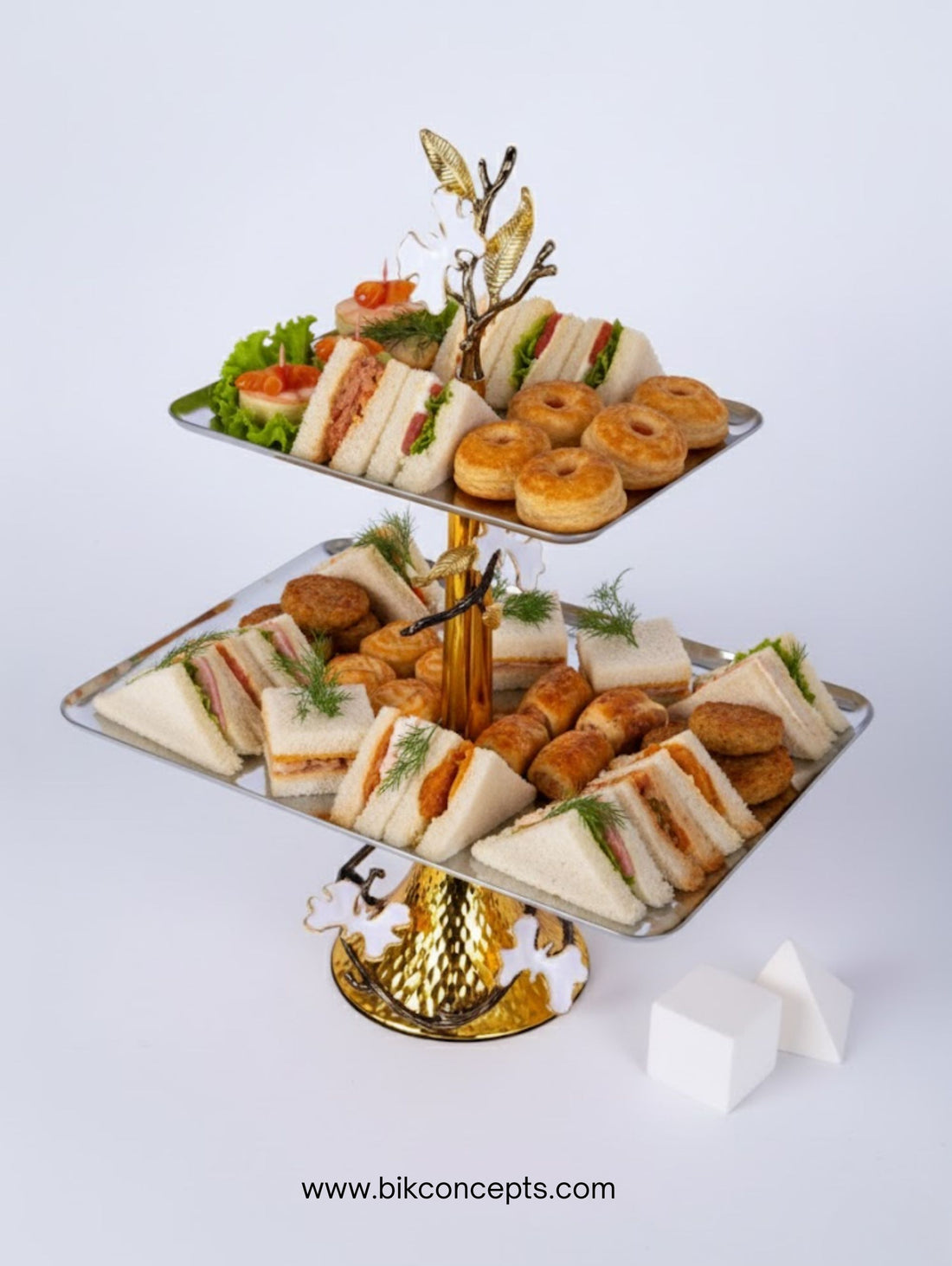2-Tier Stainless Steel Rectangular Serving Platter with Orchid Electroplated Design