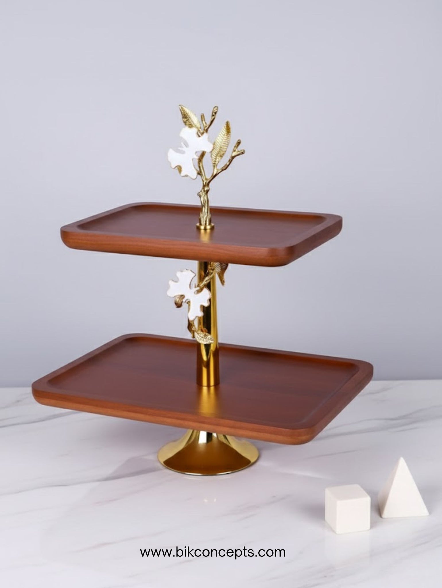 2-Tier Wooden Serving Platter with Golden Stand - Orchid Collection