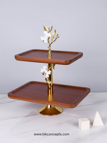 2-Tier Wooden Serving Platter with Golden Stand - Orchid Collection
