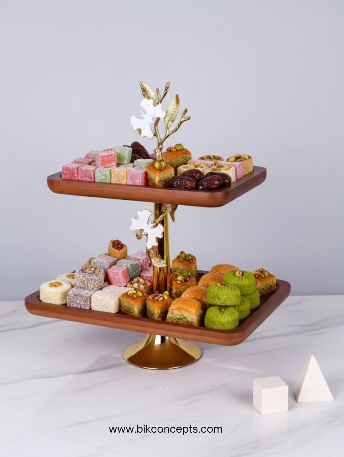 2-Tier Wooden Serving Platter with Golden Stand - Orchid Collection