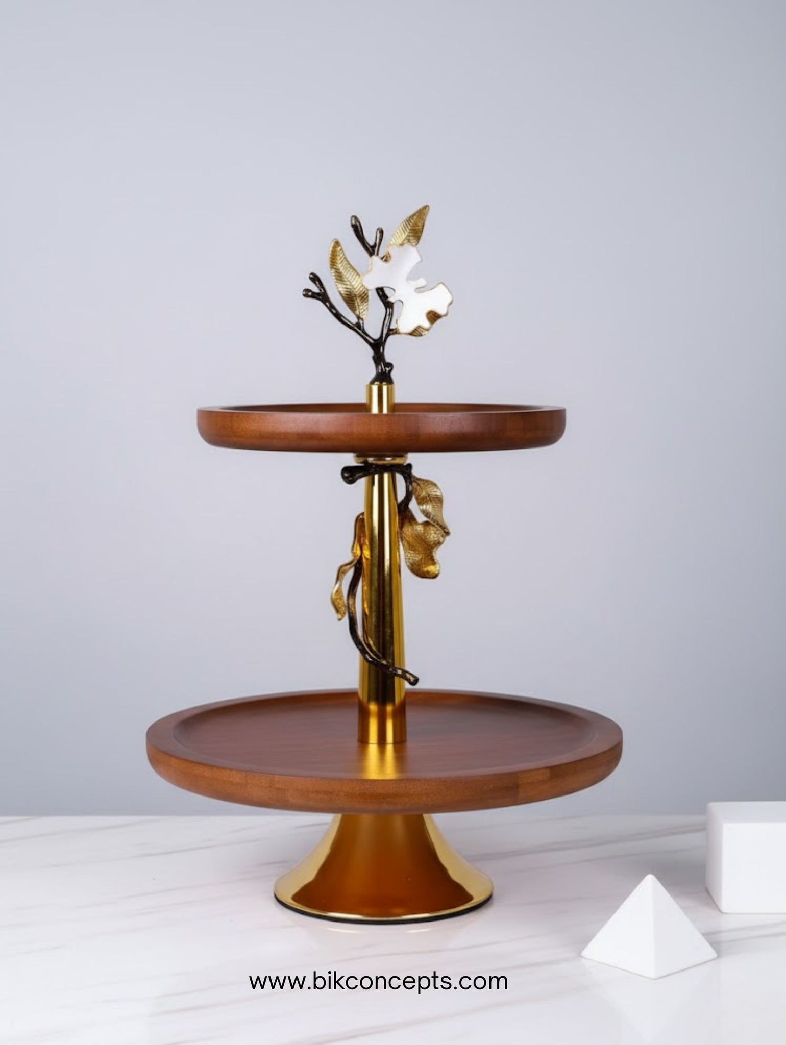Two-Tier Round Wooden Serving Platter with Golden Orchid Stand