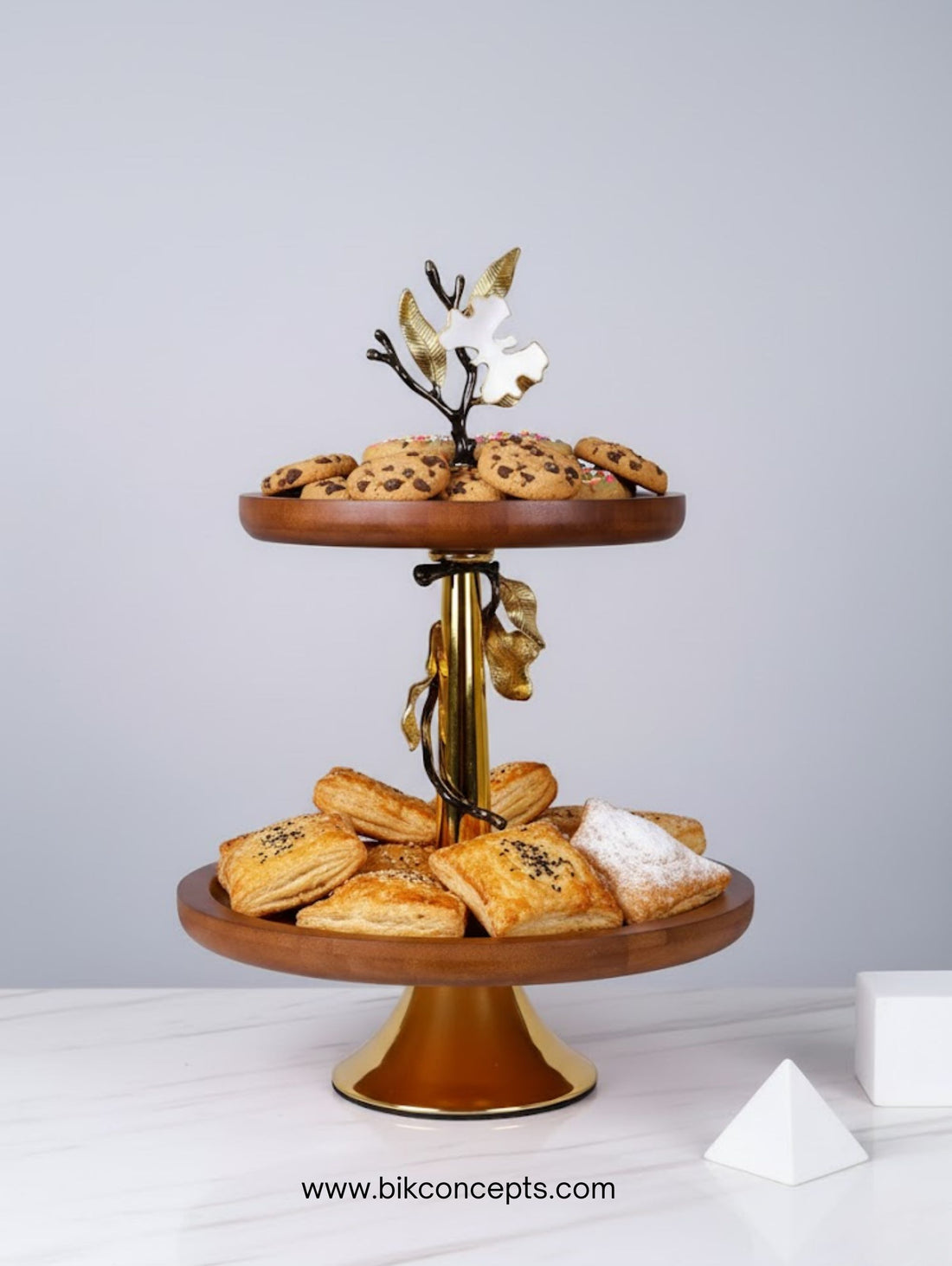 Two-Tier Round Wooden Serving Platter with Golden Orchid Stand