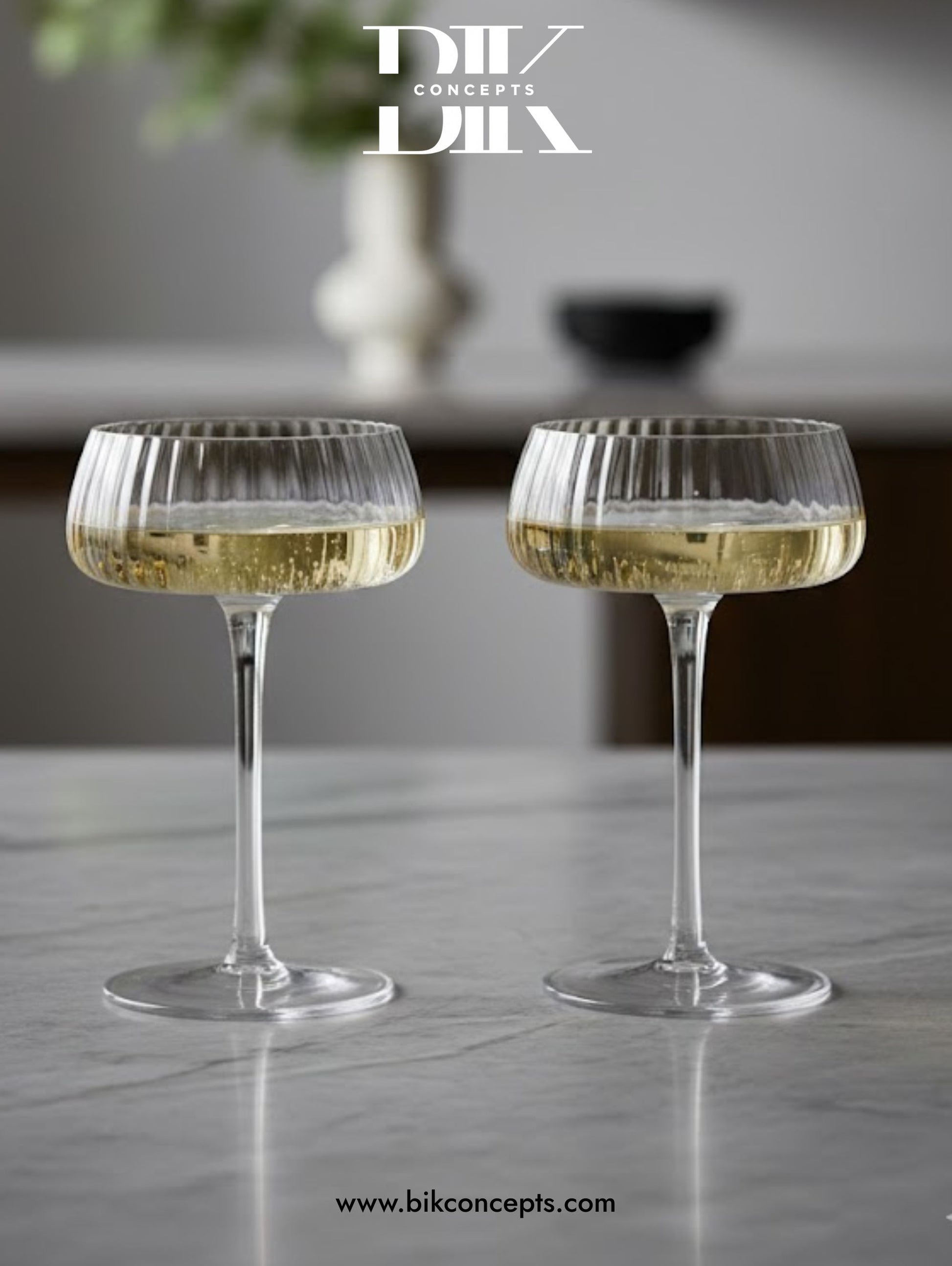 Ribbed champagne coupe glasses, New Year's Eve champagne glasses. Premium cocktail glasses for gifting. Clear ribbed cocktail coupes