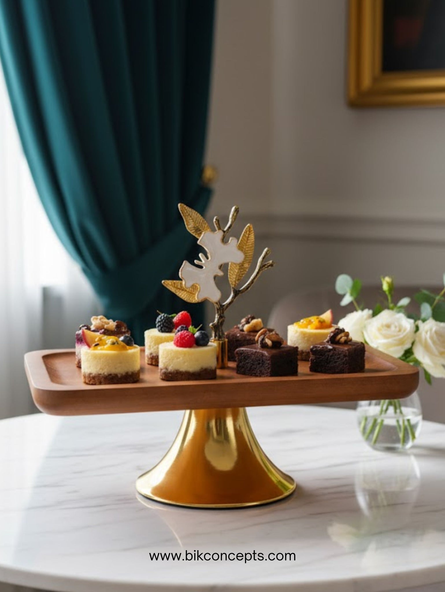 Single-Tier Wooden Serving Platter with Golden Stand - Orchid Design