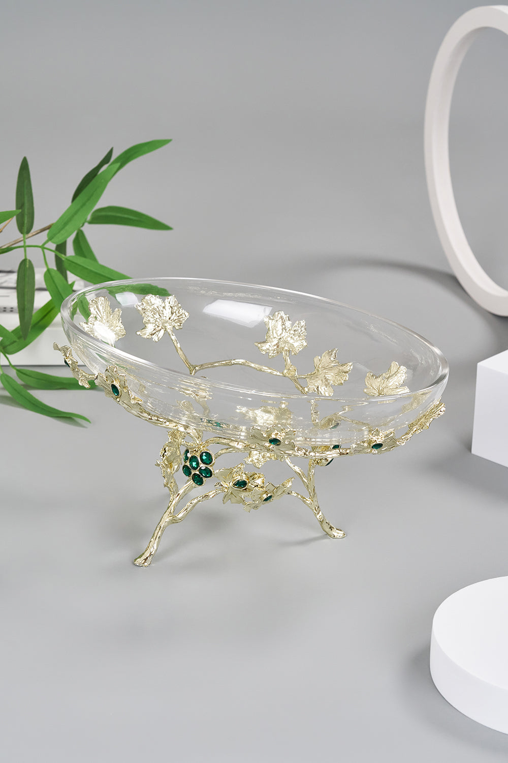 Emerald Collection | Luxury Glass Serving Dish | Silver Leaf & Emerald Accents