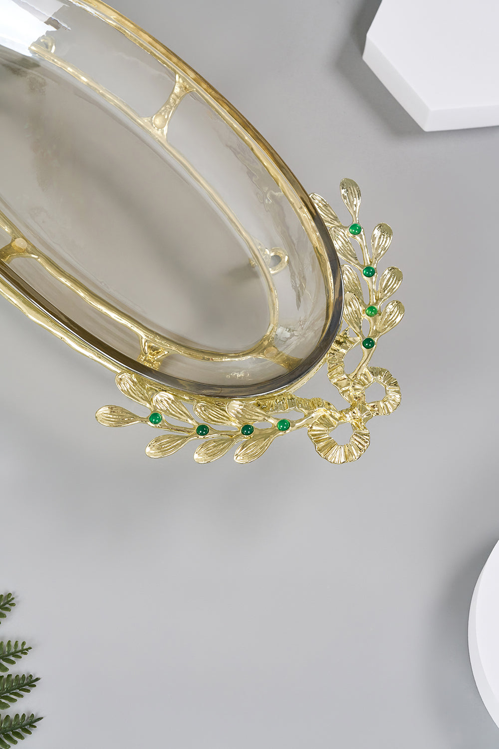 Emerald Collection | Luxury Glass Serving Dish | Gold Laurel & Emerald Accents