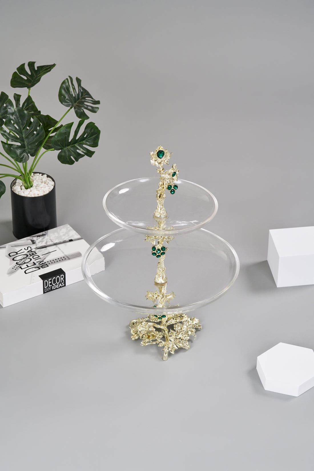Emerald Collection | Luxury 2-Tier Glass Platter | Silver Vine & Emerald Accents