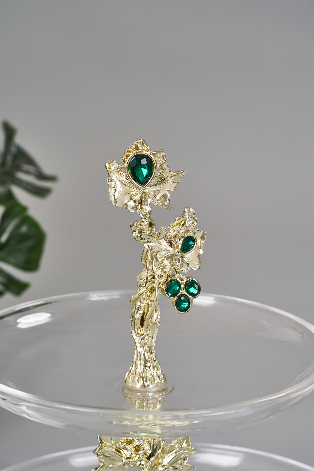 luxury 2 tier glass serving stand, emerald collection tiered dessert display, clear glass two tier platter silver vine, high end pastry cupcake display tower, jewel accented multi level serving tray, bik concepts 2 tier platter, premium silver and green buffet riser, elegant high afternoon tea stand glass, decorative tiered fruit bowl centerpiece, luxury wedding party dessert stand metal, sophisticated 17 inch tiered glass serveware, regal silver vine glass afternoon tea tower,